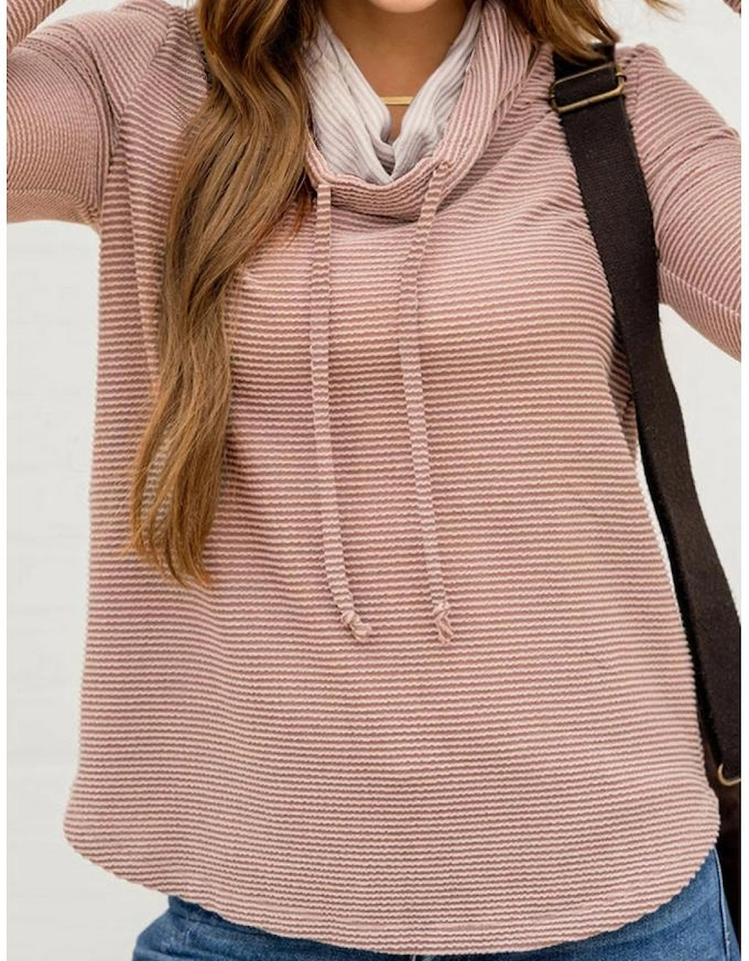 Pale Chestnut Horizontal Twist Ribbed Drawstring Cowl Neck Knit Top, 3 of 2