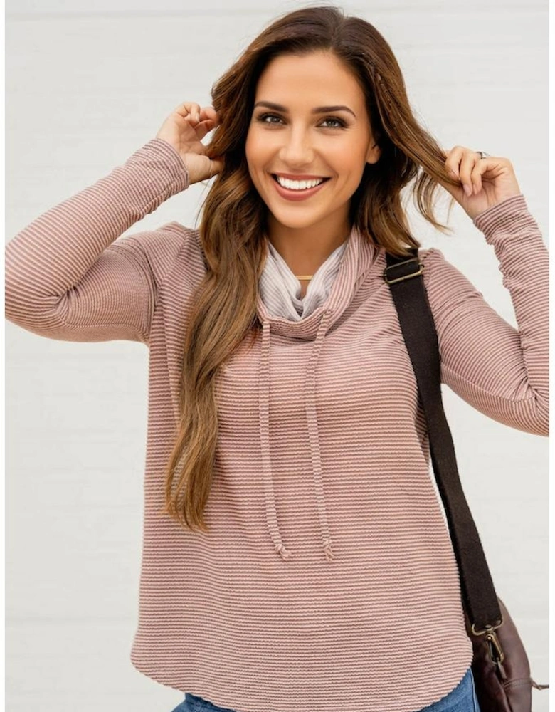 Pale Chestnut Horizontal Twist Ribbed Drawstring Cowl Neck Knit Top