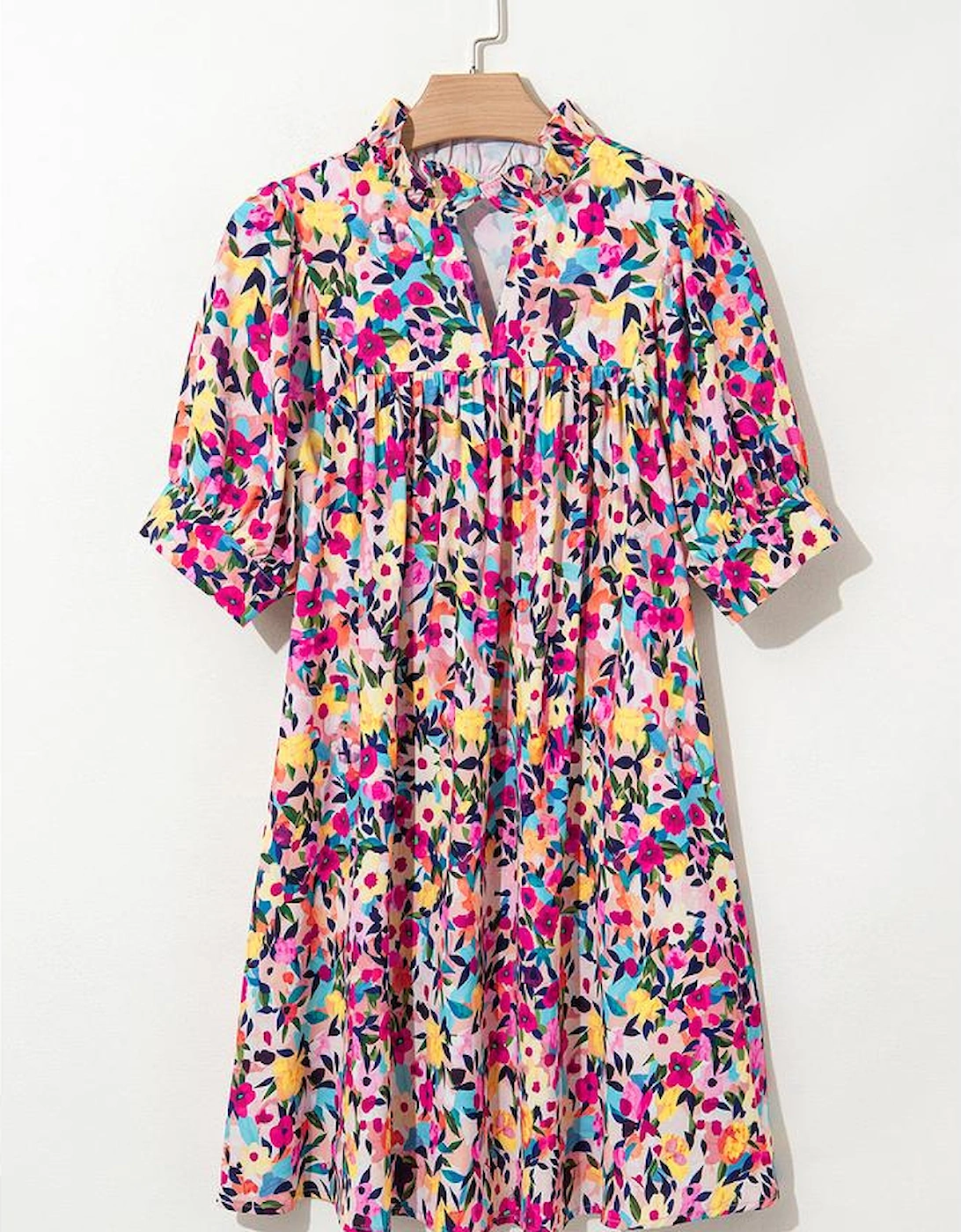 Pink Floral Puff Short Sleeve V Neck Mini Dress