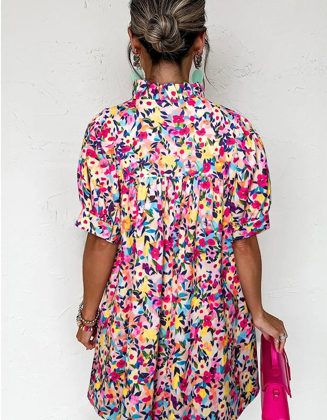 Pink Floral Puff Short Sleeve V Neck Mini Dress, 11 of 10