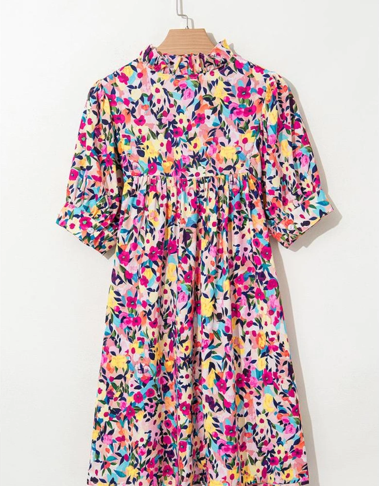 Pink Floral Puff Short Sleeve V Neck Mini Dress