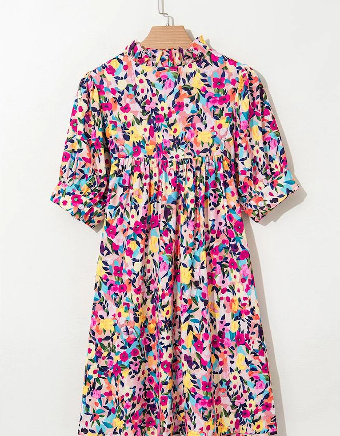 Pink Floral Puff Short Sleeve V Neck Mini Dress