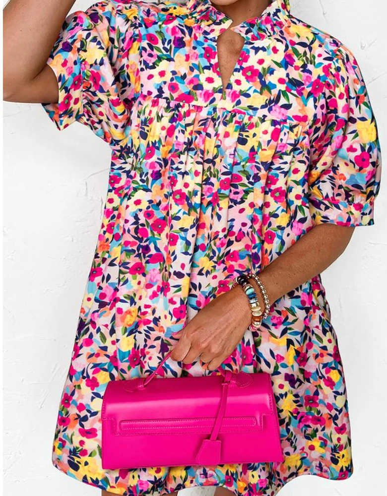 Pink Floral Puff Short Sleeve V Neck Mini Dress