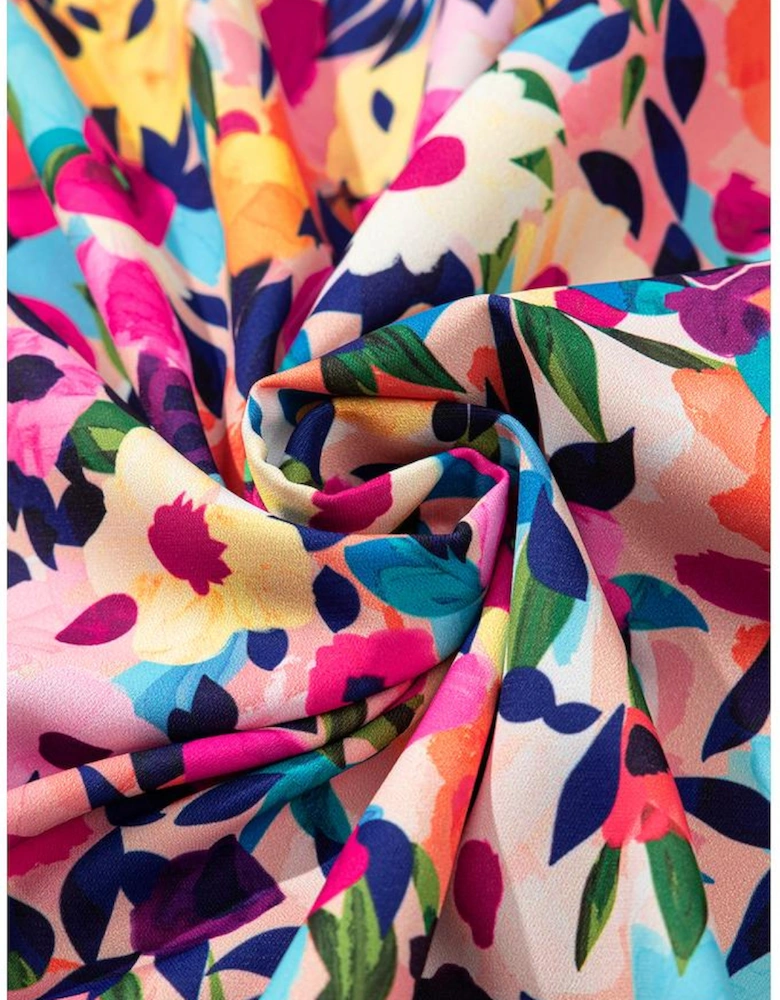 Pink Floral Puff Short Sleeve V Neck Mini Dress