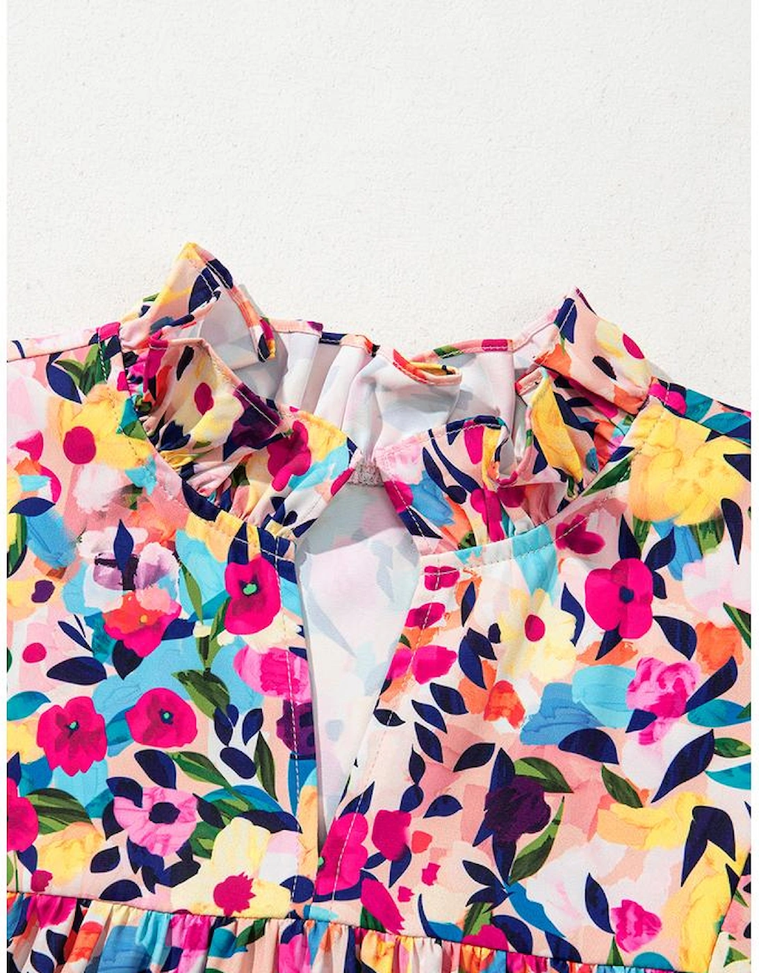 Pink Floral Puff Short Sleeve V Neck Mini Dress