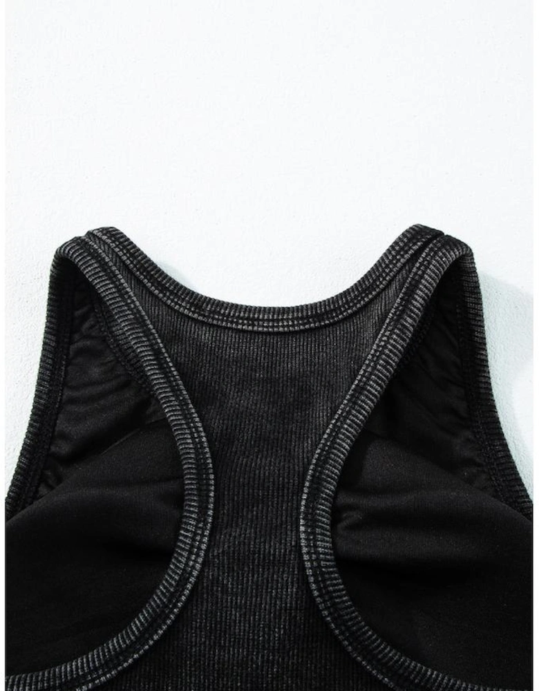 Black Ribbed Mineral Wash Racerback Cropped Tank Top