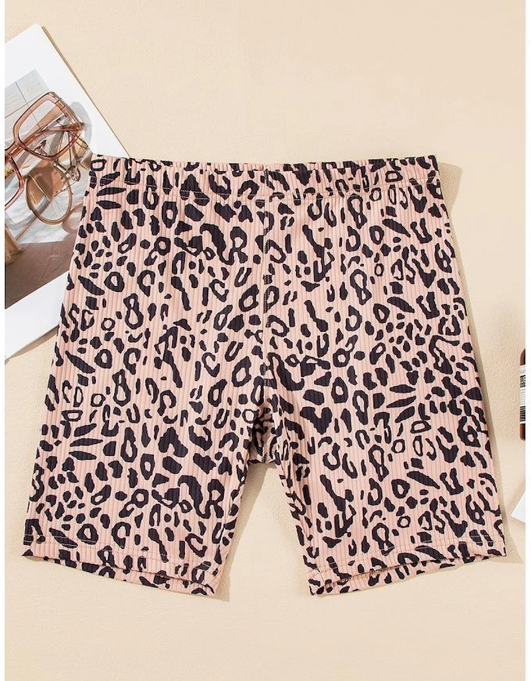 Khaki Leopard Print Ribbed Textured Knit Biker Shorts