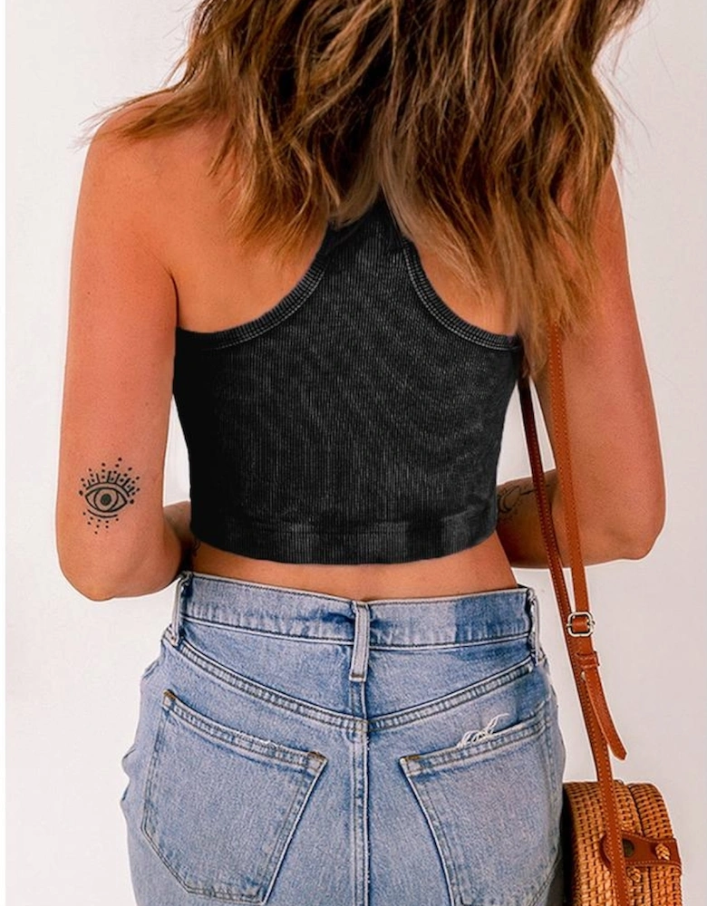 Black Ribbed Mineral Wash Racerback Cropped Tank Top