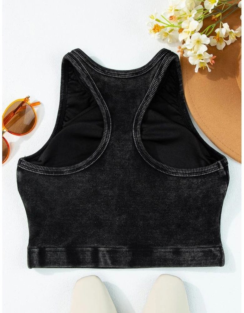 Black Ribbed Mineral Wash Racerback Cropped Tank Top
