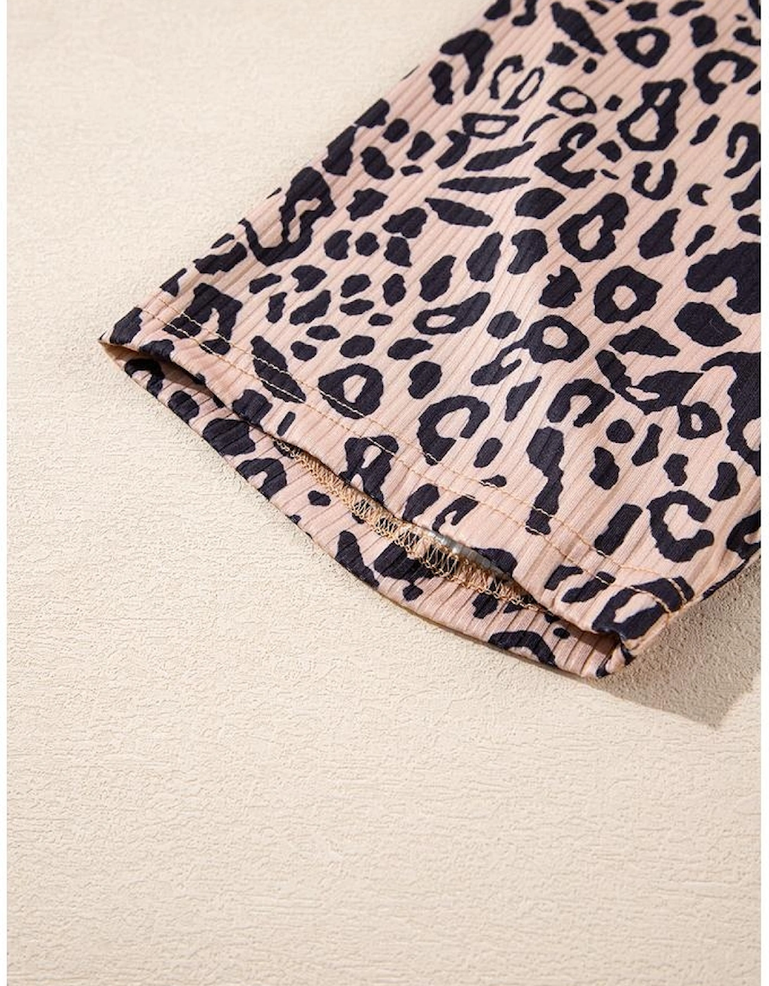 Khaki Leopard Print Ribbed Textured Knit Biker Shorts