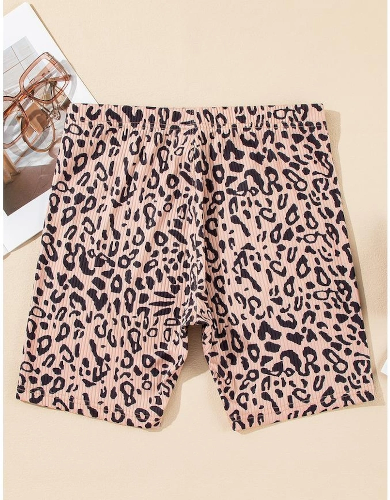 Khaki Leopard Print Ribbed Textured Knit Biker Shorts