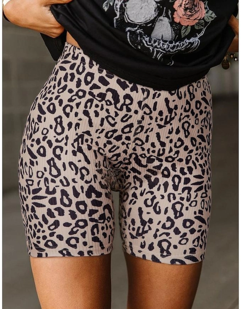Khaki Leopard Print Ribbed Textured Knit Biker Shorts