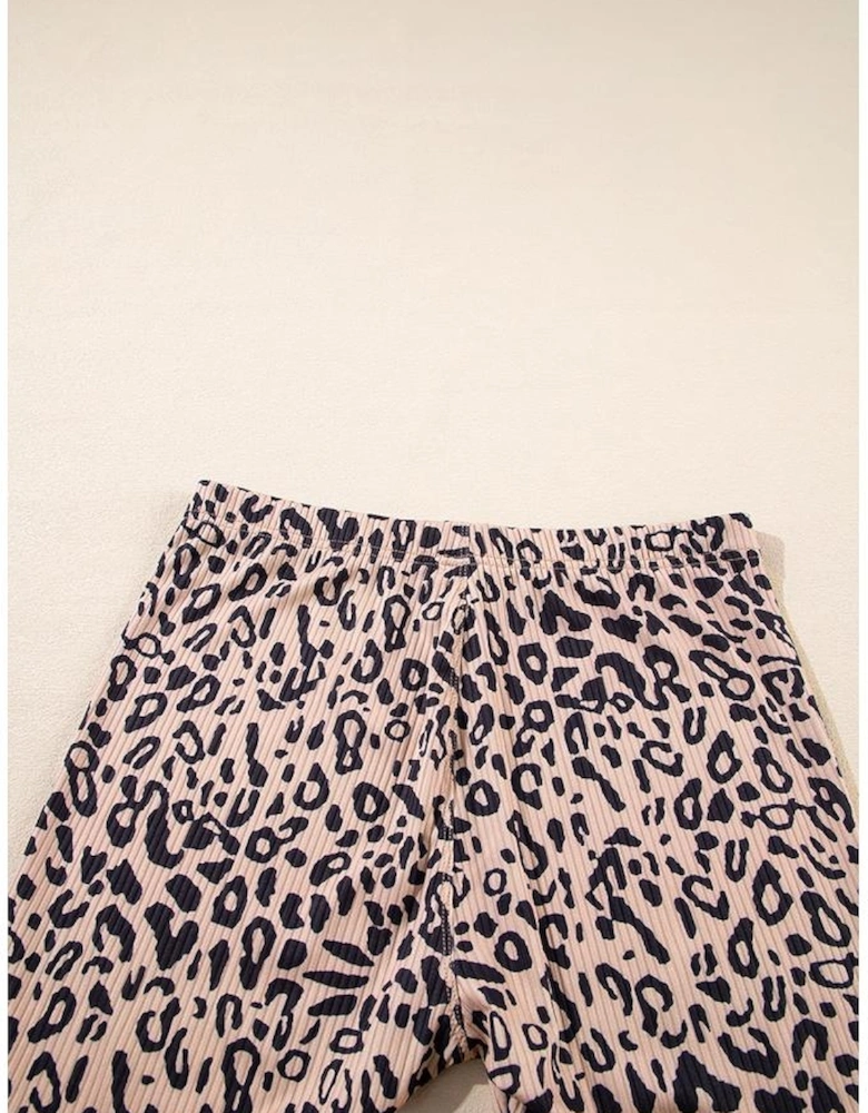 Khaki Leopard Print Ribbed Textured Knit Biker Shorts