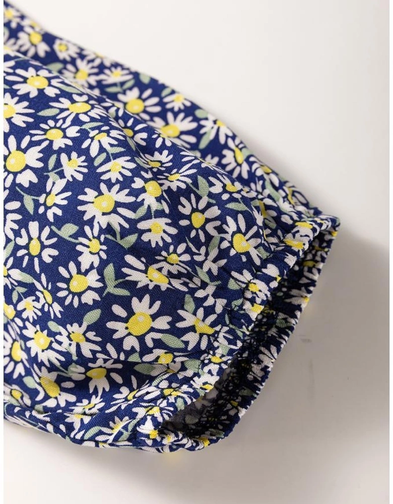 Blue Boho Floral Print Smocked Square Neck Loose Fit Blouse