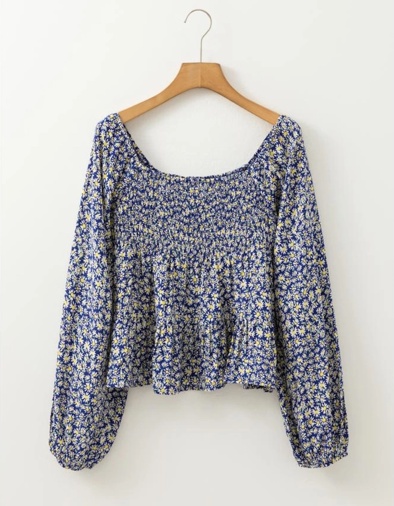 Blue Boho Floral Print Smocked Square Neck Loose Fit Blouse