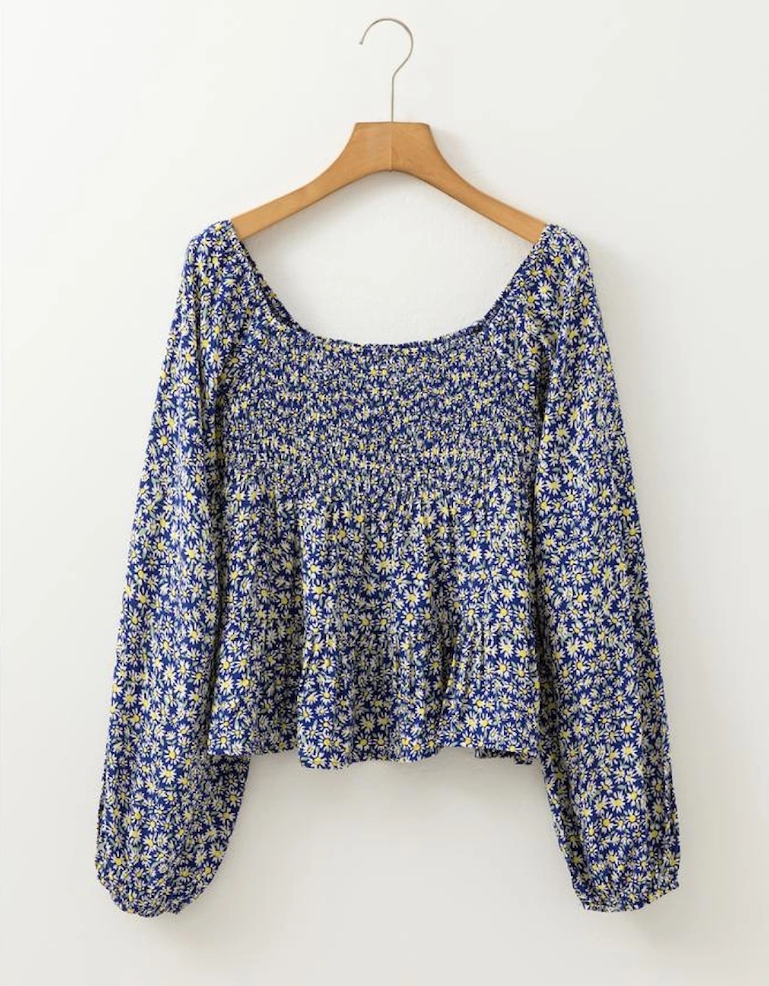 Blue Boho Floral Print Smocked Square Neck Loose Fit Blouse