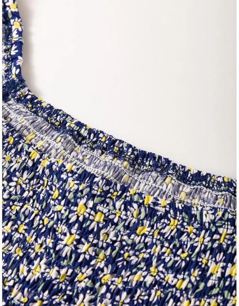 Blue Boho Floral Print Smocked Square Neck Loose Fit Blouse