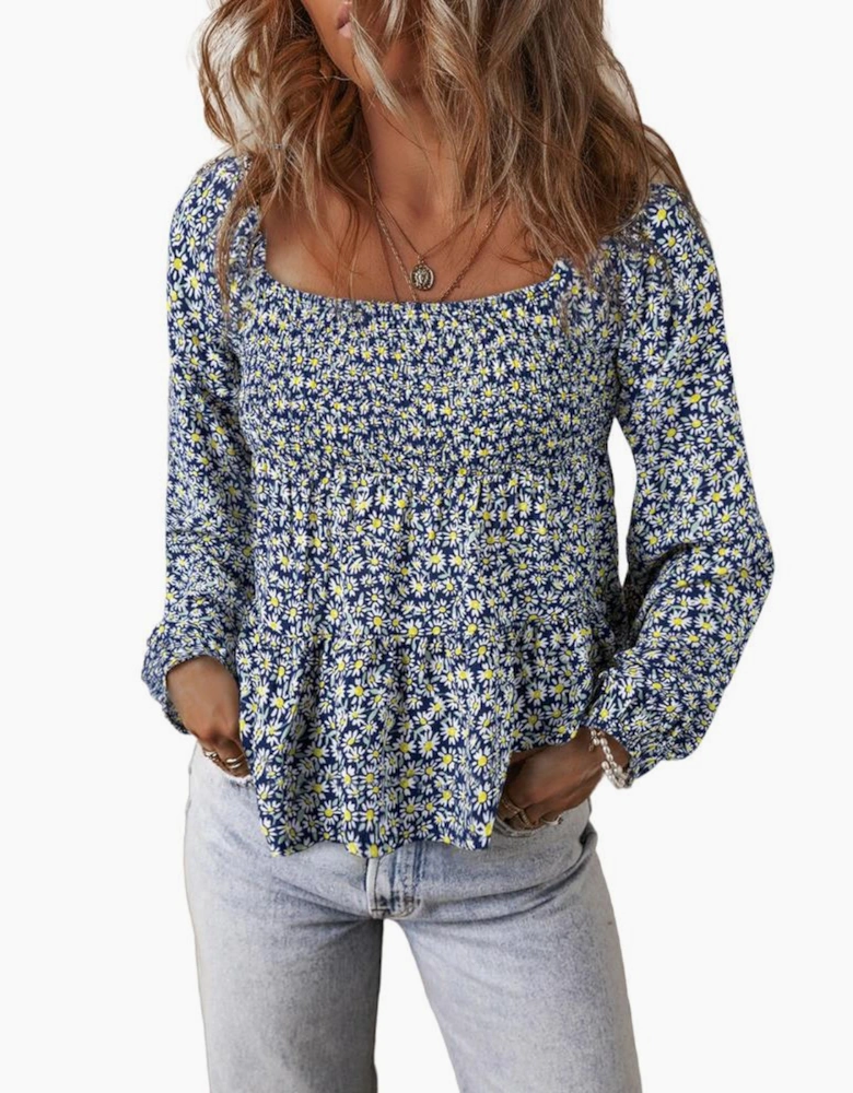 Blue Boho Floral Print Smocked Square Neck Loose Fit Blouse