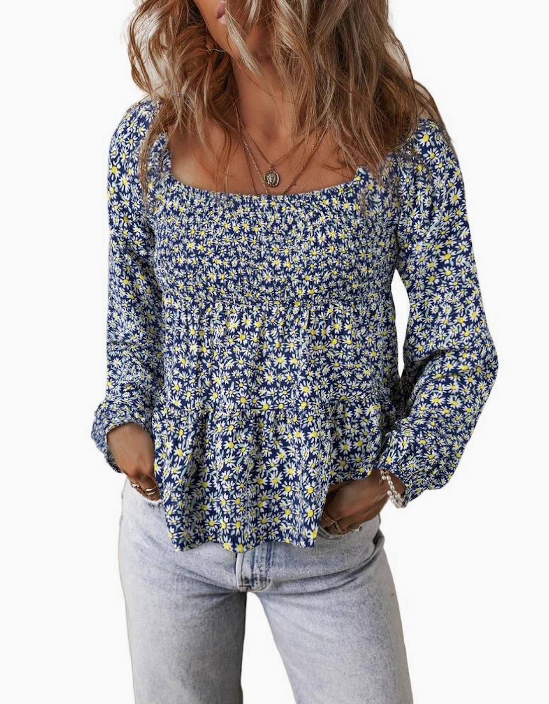 Blue Boho Floral Print Smocked Square Neck Loose Fit Blouse