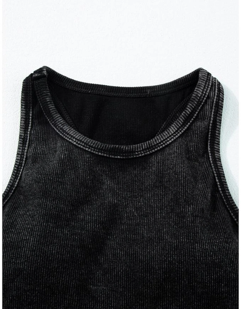 Black Ribbed Mineral Wash Racerback Cropped Tank Top