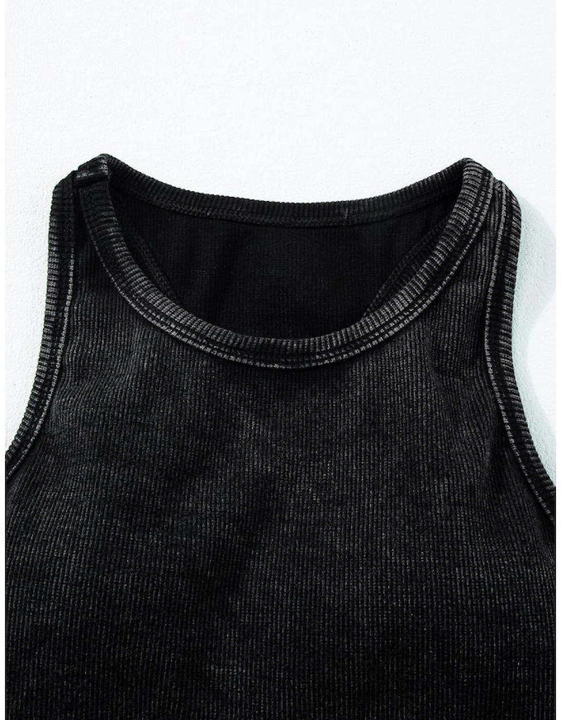 Black Ribbed Mineral Wash Racerback Cropped Tank Top