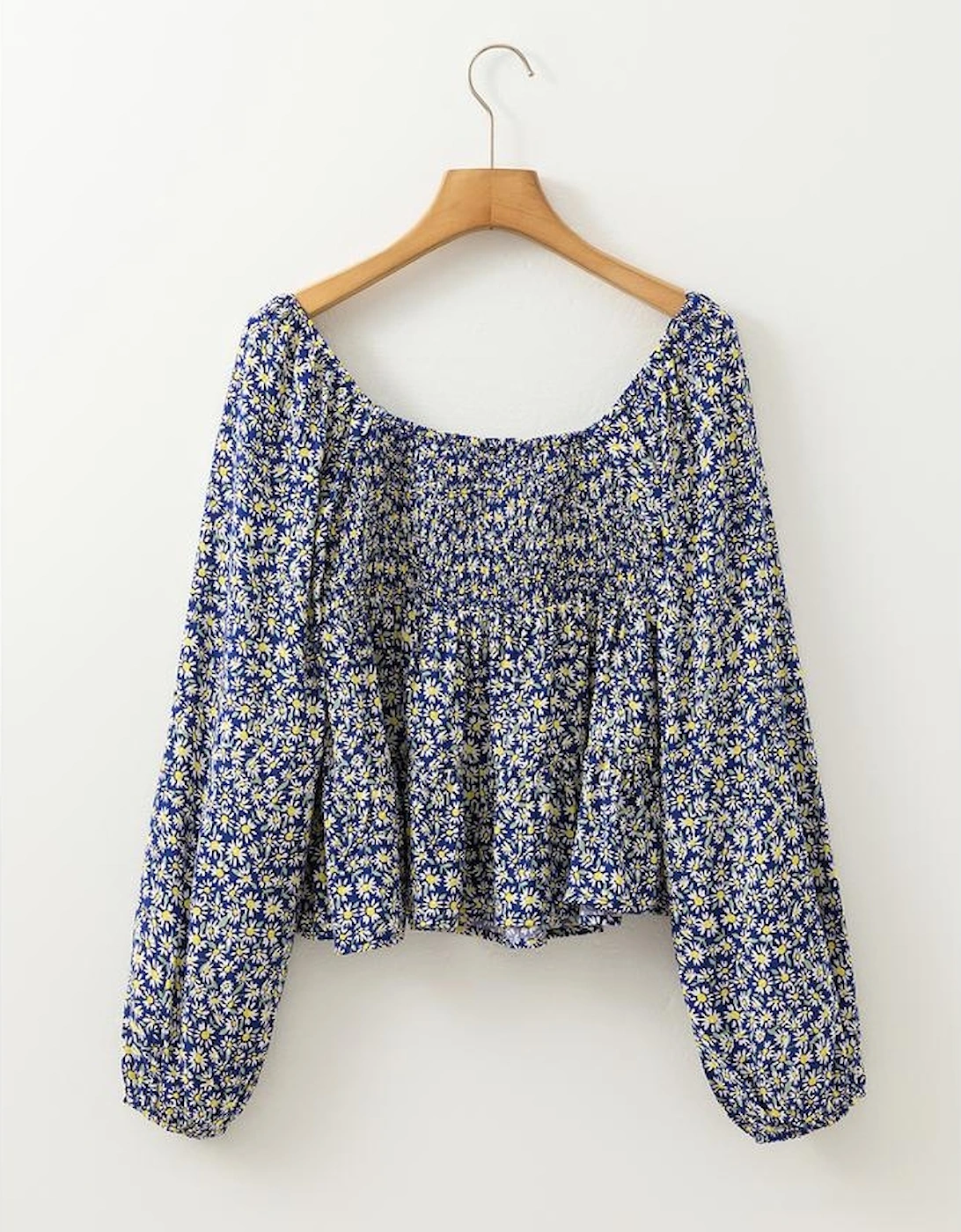 Blue Boho Floral Print Smocked Square Neck Loose Fit Blouse