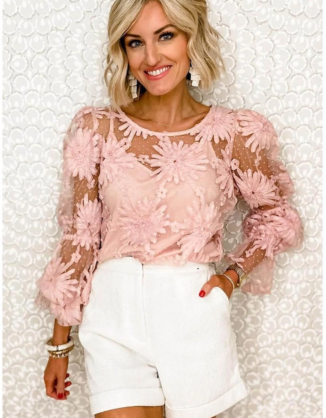 Pink Flower Dotted Ruffled Sleeve Mesh Top