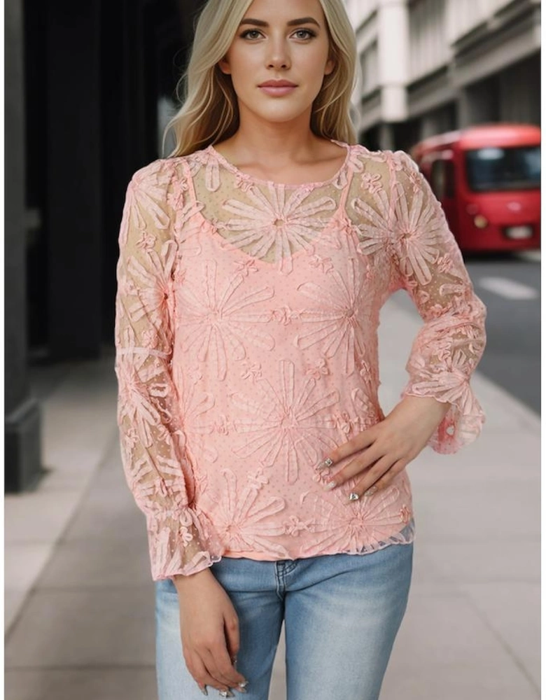 Pink Flower Dotted Ruffled Sleeve Mesh Top
