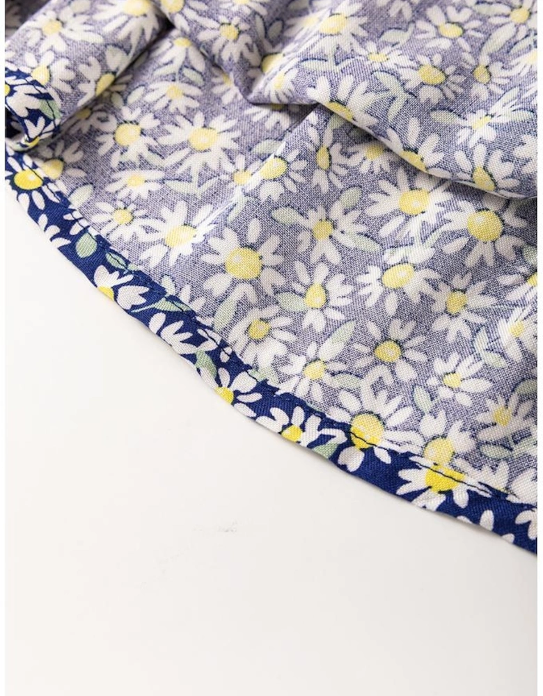 Blue Boho Floral Print Smocked Square Neck Loose Fit Blouse