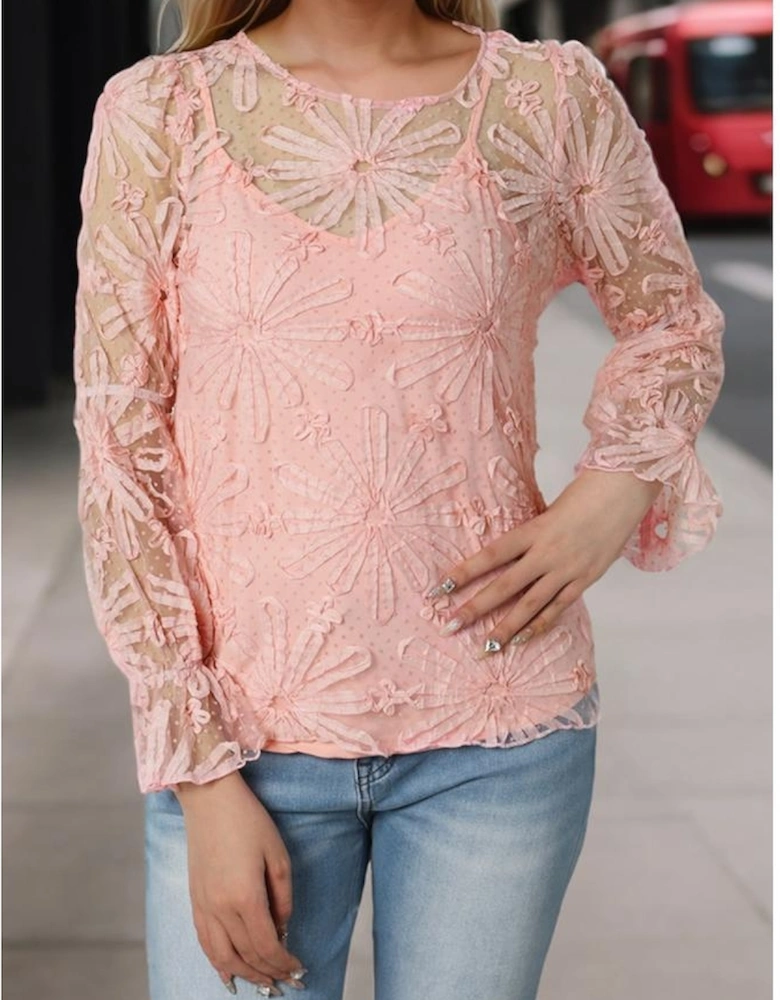 Pink Flower Dotted Ruffled Sleeve Mesh Top