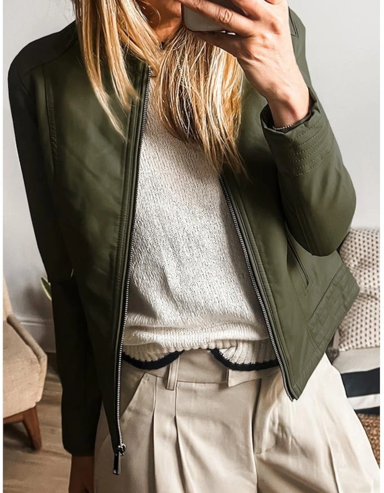 Sage Green Solid Faux Leather Zipper Slim Fit Bomber Jacket