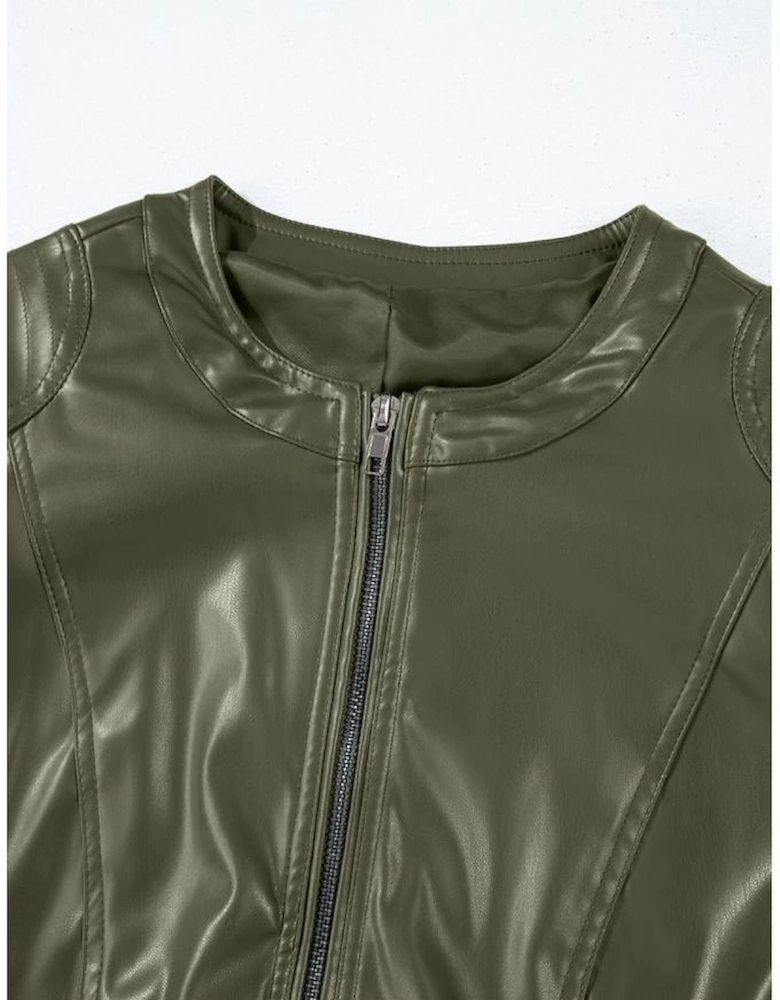 Sage Green Solid Faux Leather Zipper Slim Fit Bomber Jacket