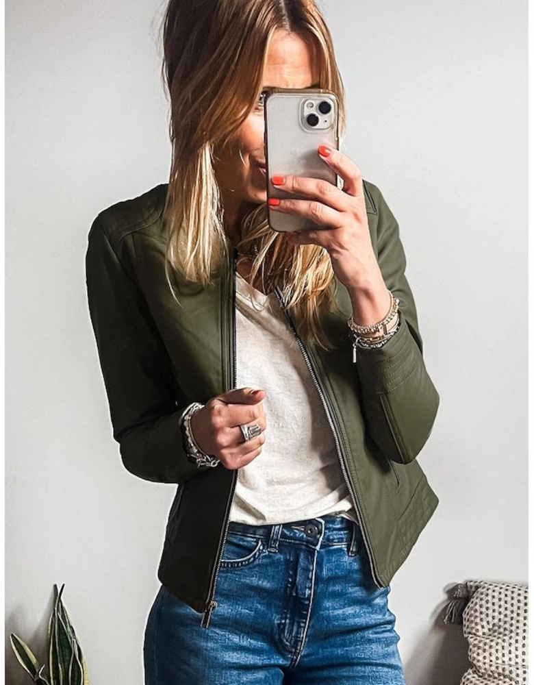 Sage Green Solid Faux Leather Zipper Slim Fit Bomber Jacket