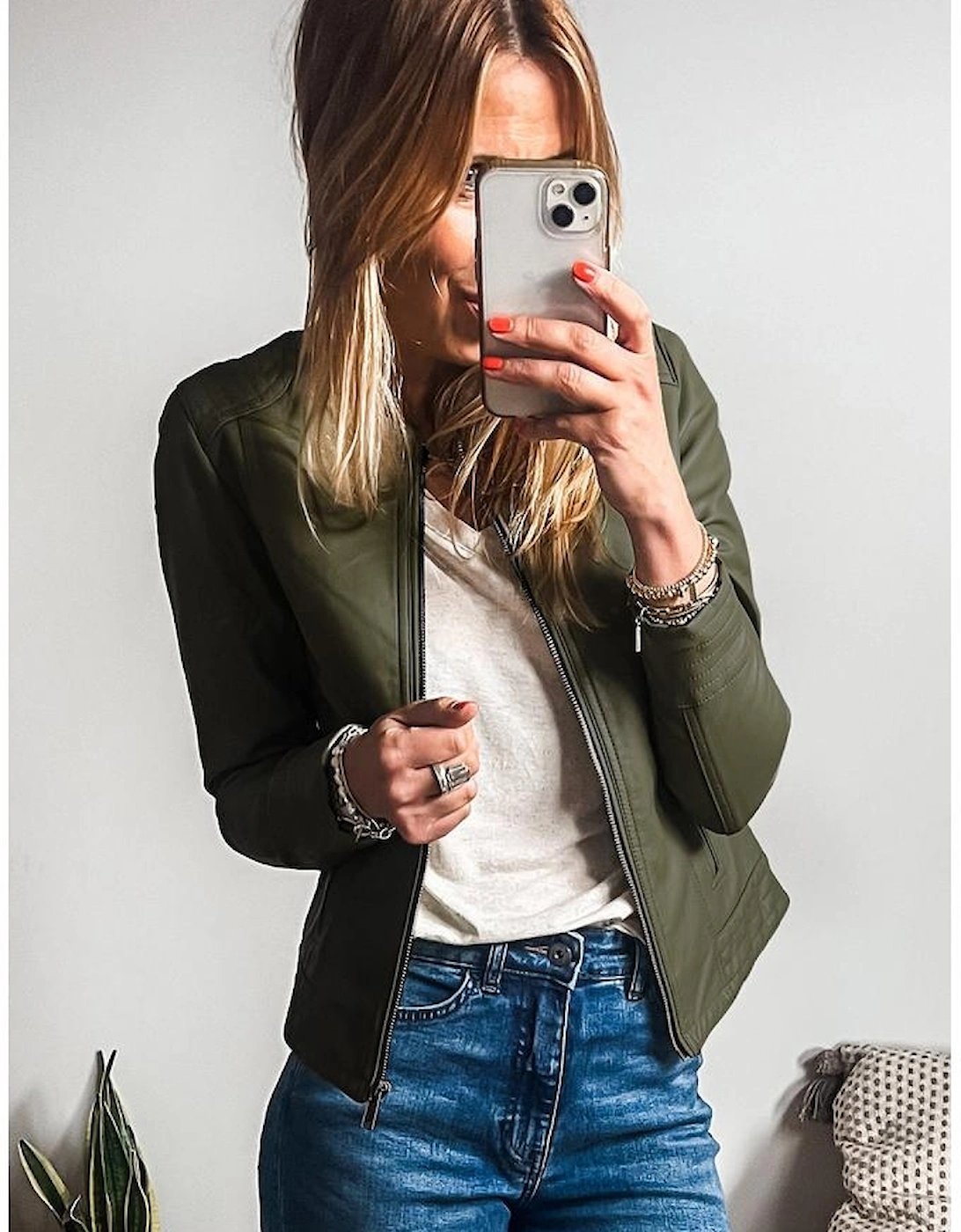 Sage Green Solid Faux Leather Zipper Slim Fit Bomber Jacket