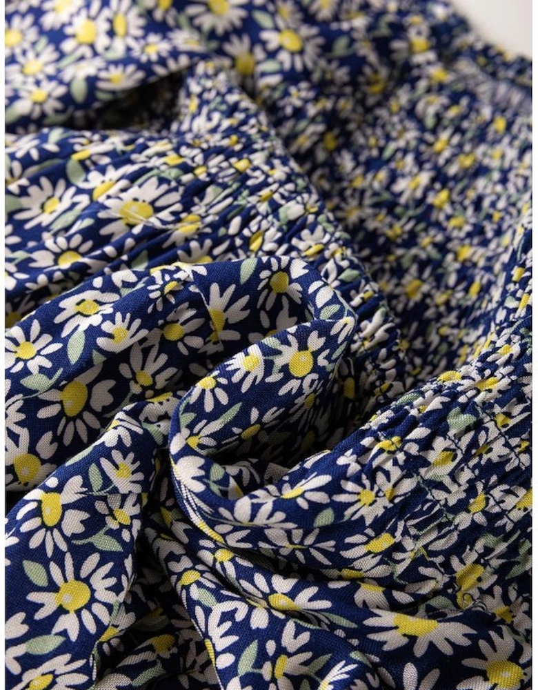 Blue Boho Floral Print Smocked Square Neck Loose Fit Blouse