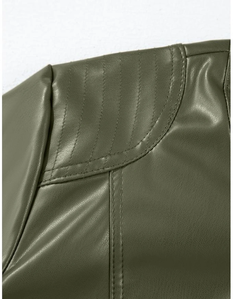 Sage Green Solid Faux Leather Zipper Slim Fit Bomber Jacket