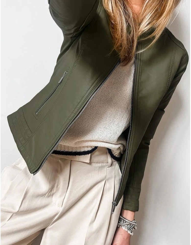 Sage Green Solid Faux Leather Zipper Slim Fit Bomber Jacket