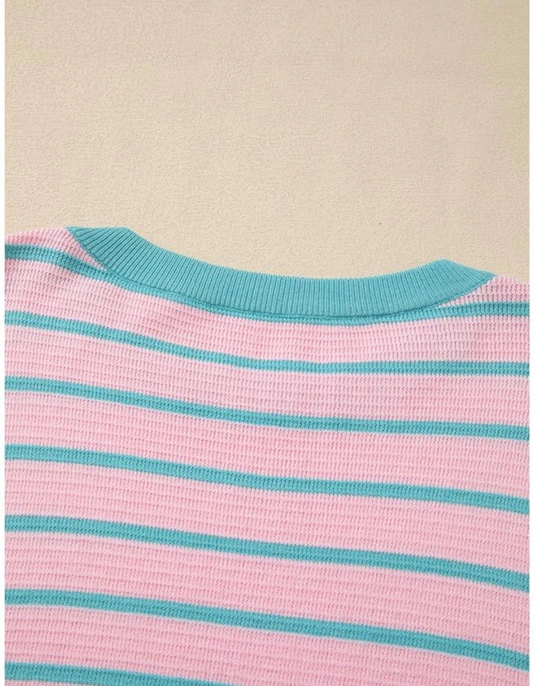 Pink Stripe Trimmed Round Neck Drop Shoulder Loose Sweater