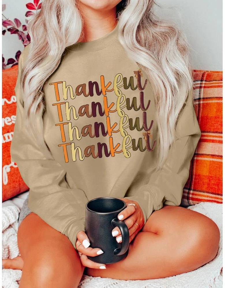 Khaki Thankful Repeated Print Drop Shoulder Casual Sweatshirt