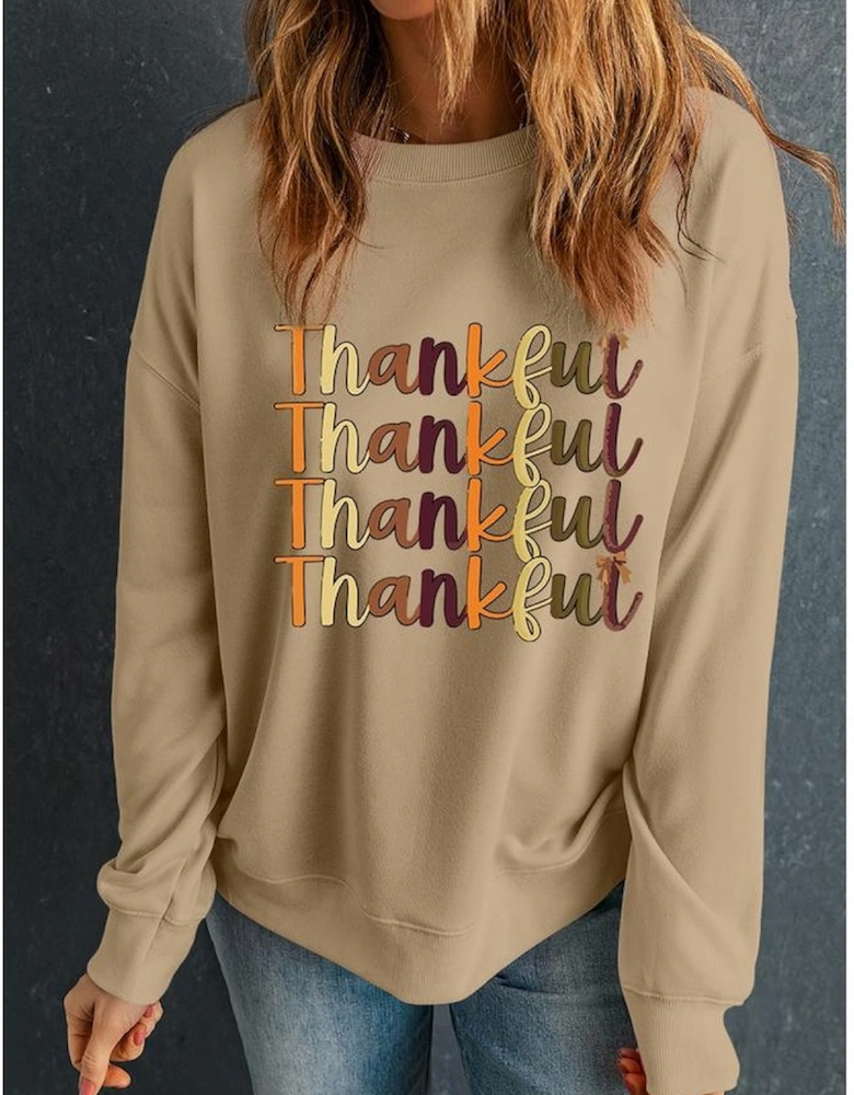 Khaki Thankful Repeated Print Drop Shoulder Casual Sweatshirt