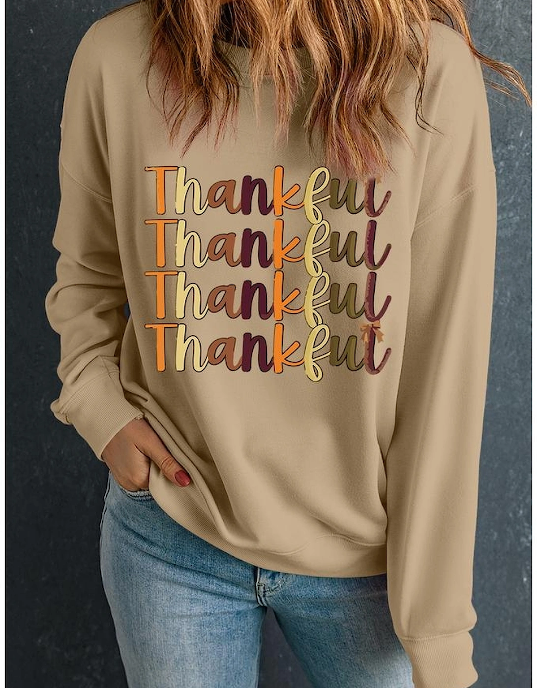 Khaki Thankful Repeated Print Drop Shoulder Casual Sweatshirt