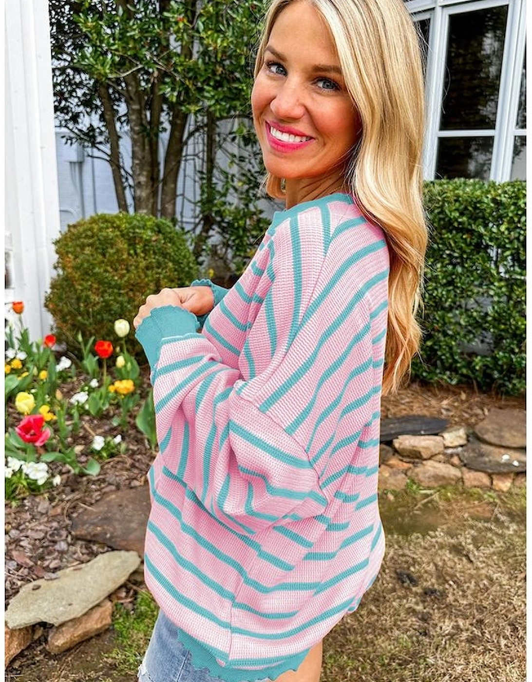 Pink Stripe Trimmed Round Neck Drop Shoulder Loose Sweater, 11 of 10
