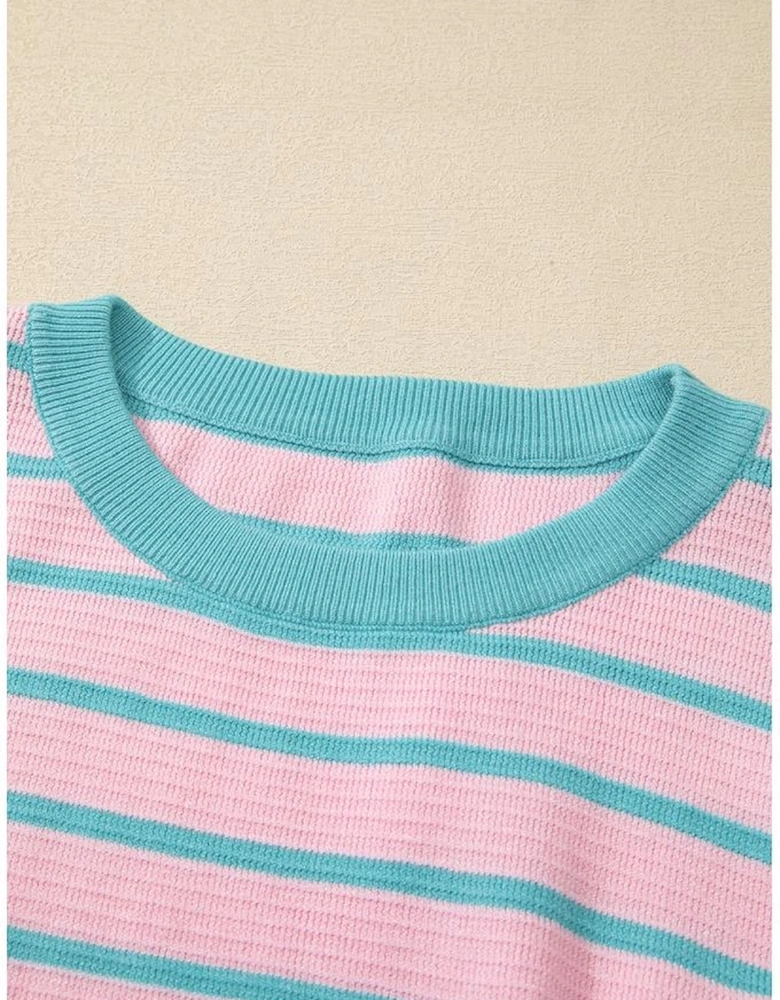 Pink Stripe Trimmed Round Neck Drop Shoulder Loose Sweater