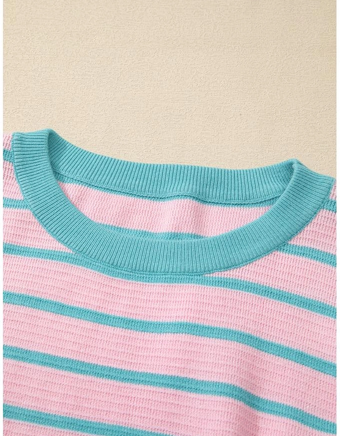 Pink Stripe Trimmed Round Neck Drop Shoulder Loose Sweater