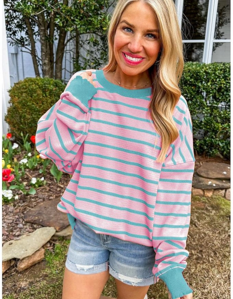 Pink Stripe Trimmed Round Neck Drop Shoulder Loose Sweater