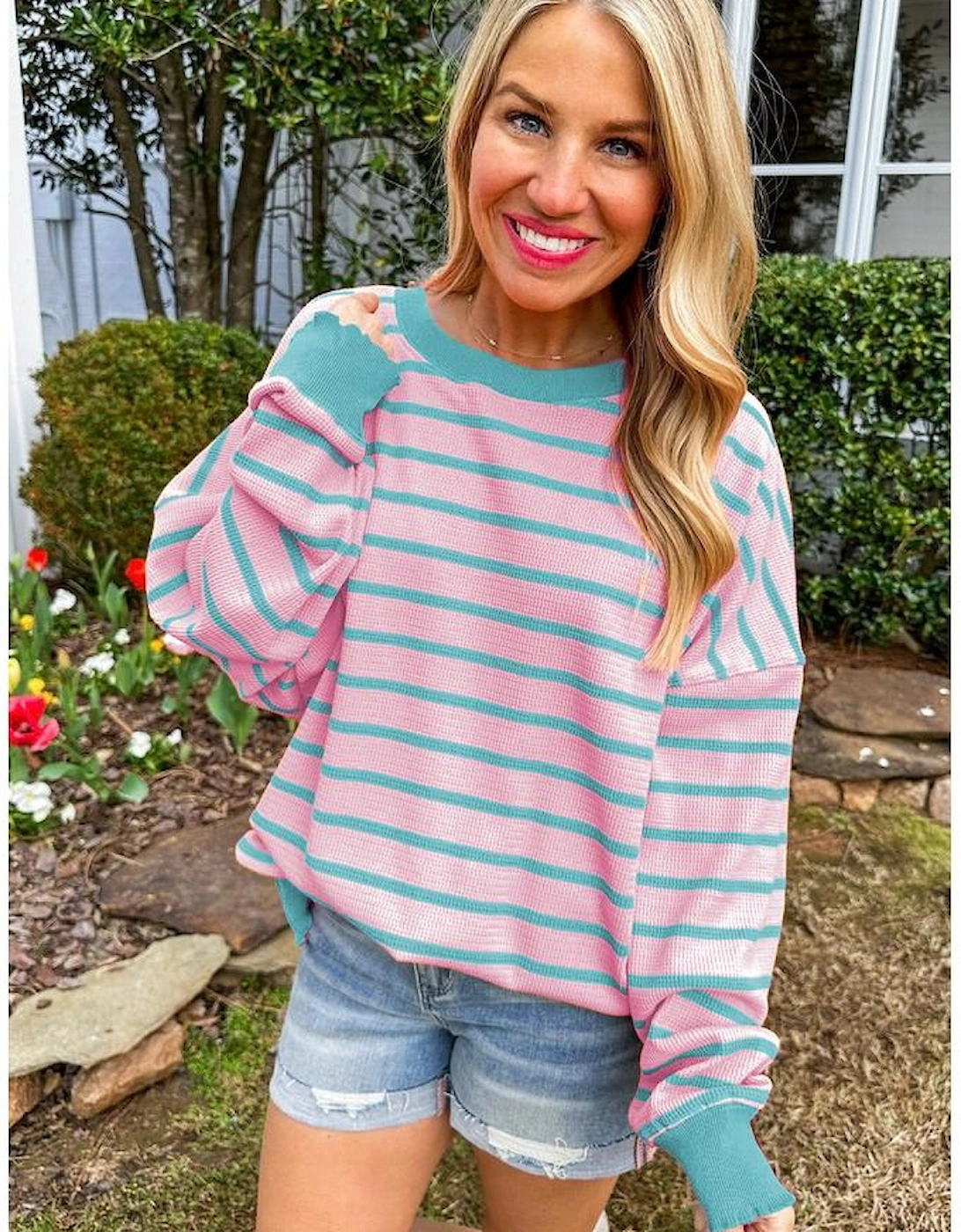 Pink Stripe Trimmed Round Neck Drop Shoulder Loose Sweater