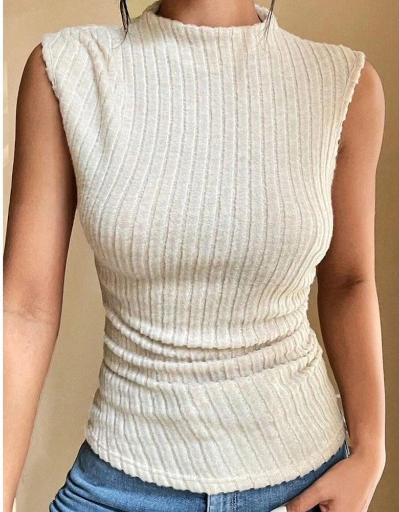 Apricot Ribbed Knit Mock Neck Tank Top