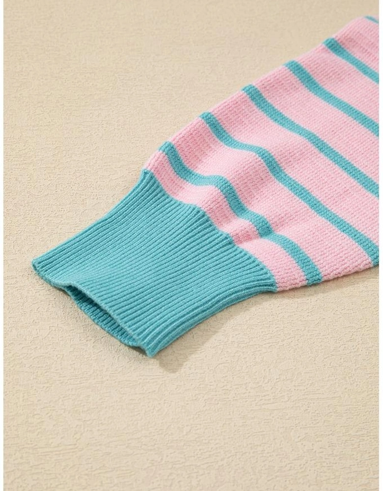 Pink Stripe Trimmed Round Neck Drop Shoulder Loose Sweater