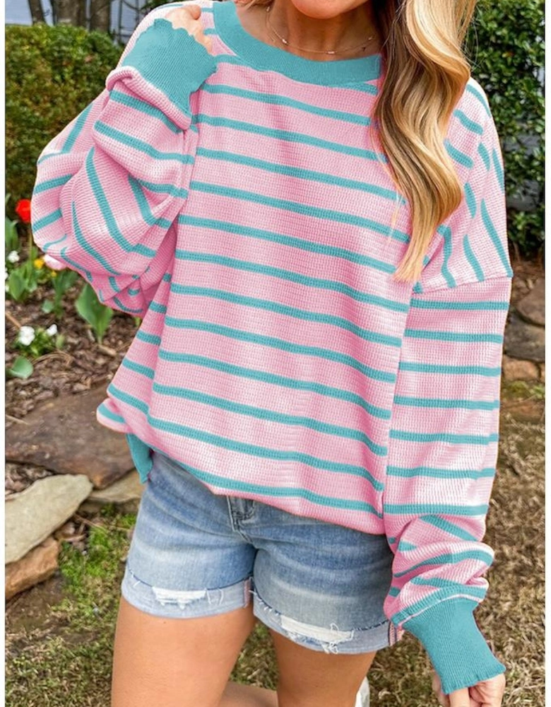 Pink Stripe Trimmed Round Neck Drop Shoulder Loose Sweater