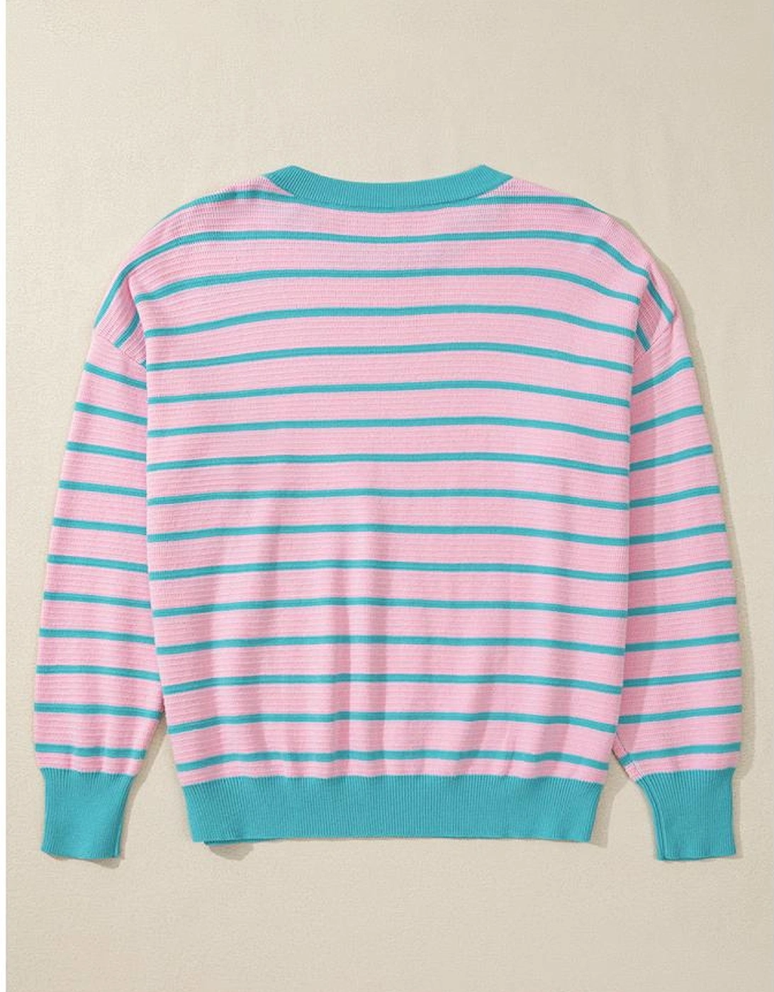 Pink Stripe Trimmed Round Neck Drop Shoulder Loose Sweater